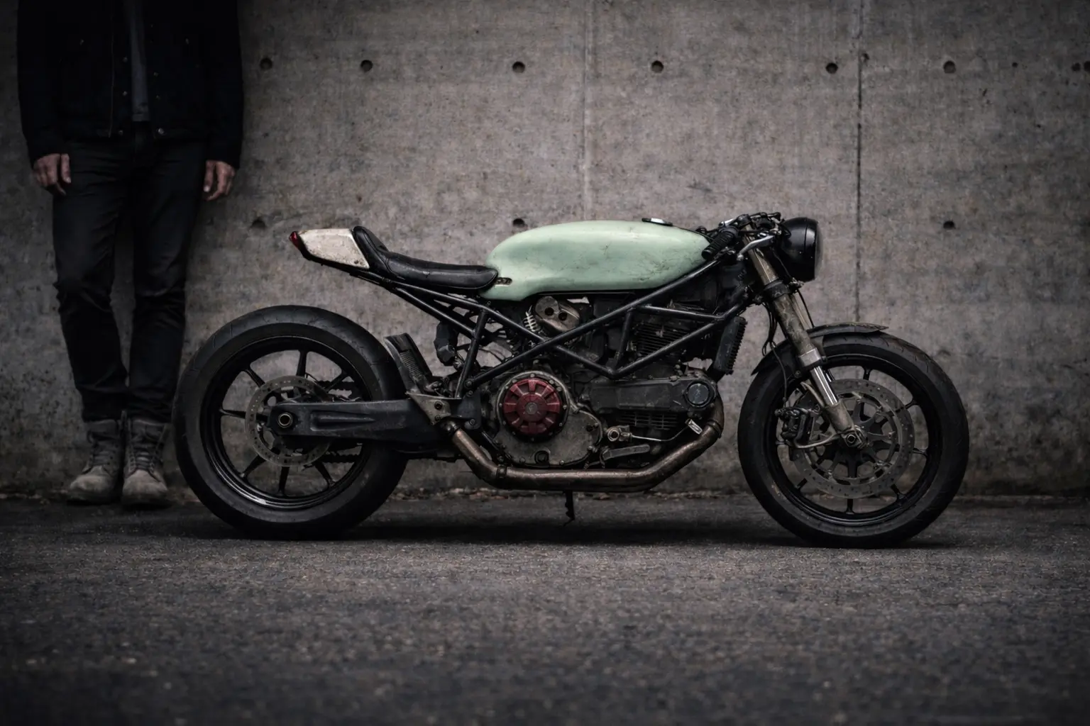 Mint green Ducati motorcycle against concrete wall